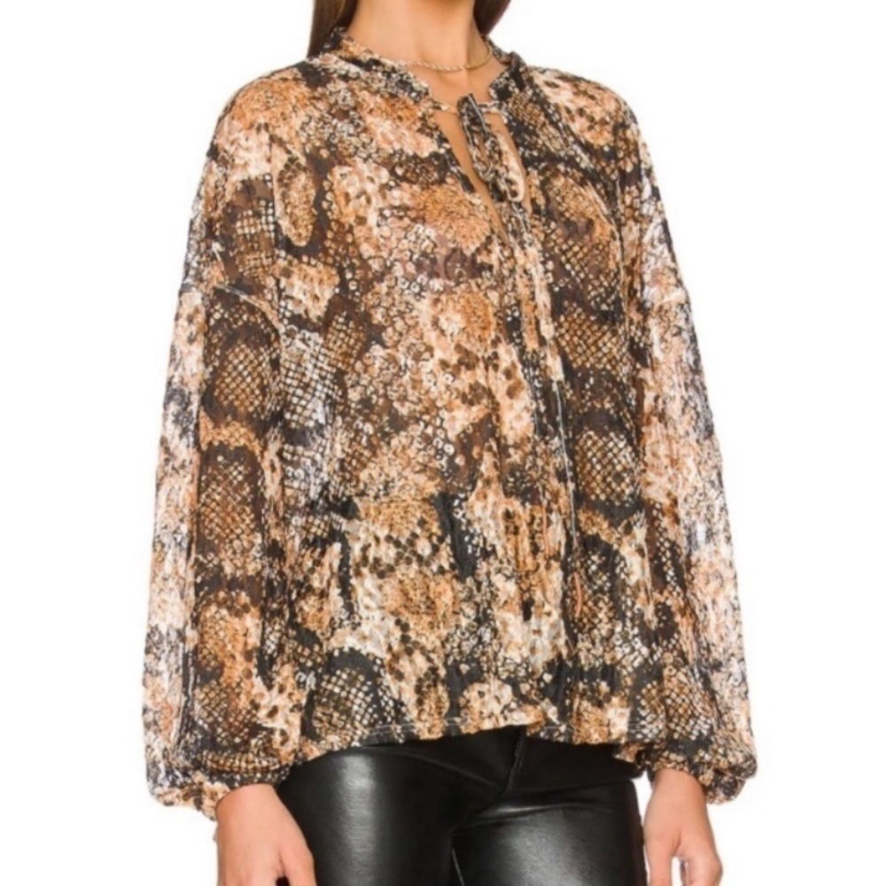 Free People Out For The Night Snake Print Sheer Blouse Oversized Boho Revolve XS - Picture 11 of 13